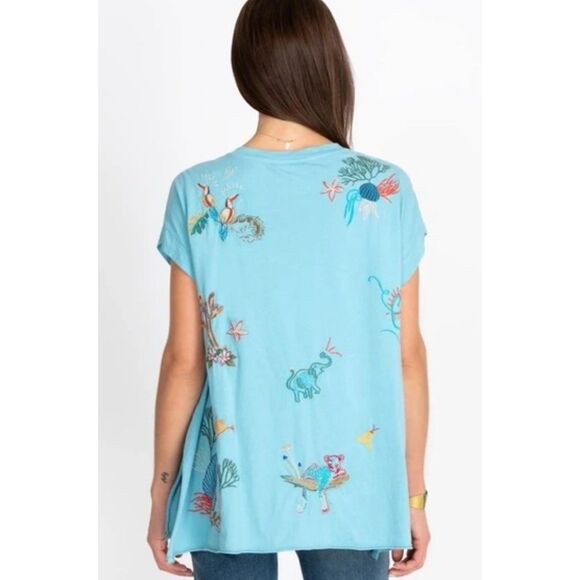 Johnny Was Zoe Relaxed Drape Tee Blue Top Shirt Animal Embroidery Medium New - Picture 2 of 5